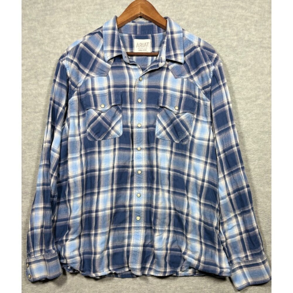 Ariat‎ Shirt Men's XXL Blue Plaid Pearl Snap Western Casual